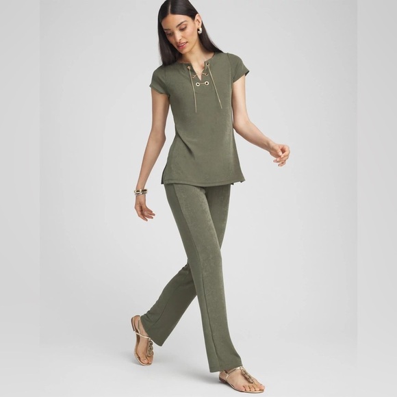 Chico’s Travelers Collection | Olive Green Wide Leg Wrinkle-free Pants - Picture 2 of 7